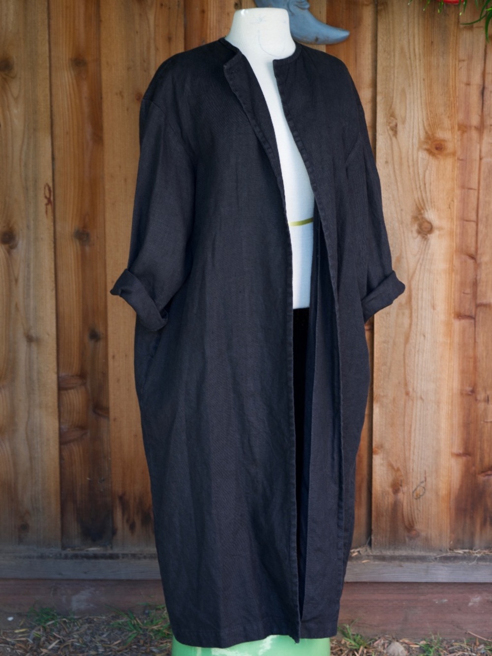 Vintage 100% Linen Black Long Pea Coat Casual Minimalist Made In USA Woman's M - Picture 8 of 17